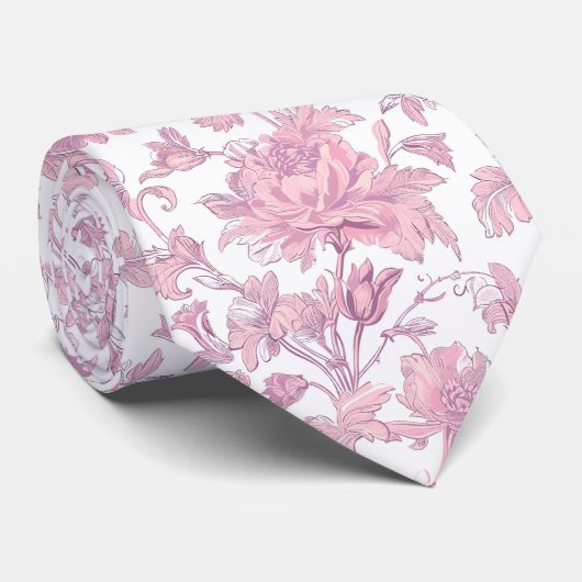 Roze en witte Chinoiserie Floral Stropdas (Opgerold)