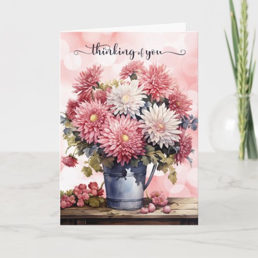 Roze en Witte Chrysanten Denk Aan Jou Kaart (Voorkant)