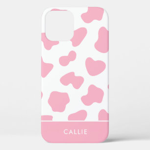 Roze en witte cow print aangepaste naam iPhone 12 hoesje