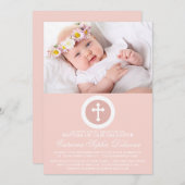 Roze en Witte Cross Baptisme Fotouitnodiging Kaart (Voorkant / Achterkant)