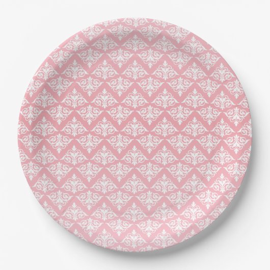 Roze en witte Damask Papieren Bordje (Voorkant)