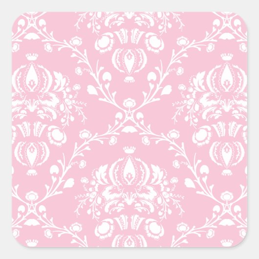 Roze en witte Damask Vierkante Sticker (Voorkant)
