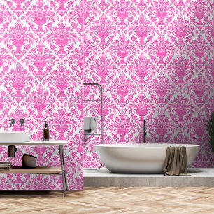Roze en Witte Damast Bloemschil en stok Behang