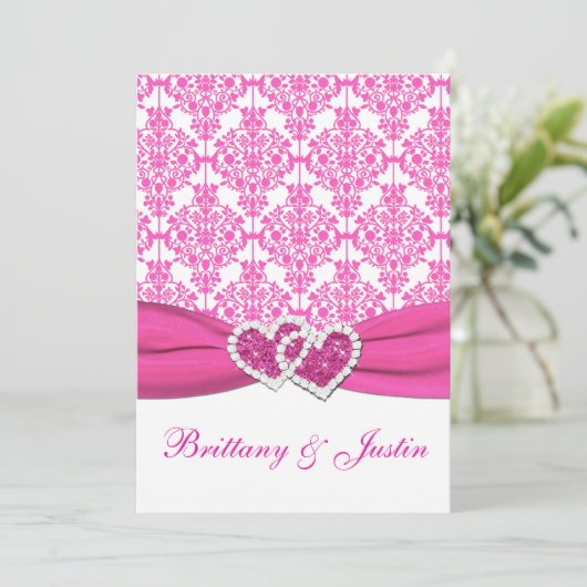 Roze en Witte Damast bruiloft uitnodiging 5x7 (Staand voorkant)