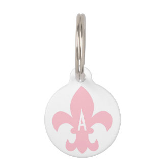 Roze en witte Fleur de Lis Monogram Huisdierpenning