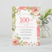 Roze en Witte Floral 100e verjaardag uitnodiging (Staand voorkant)