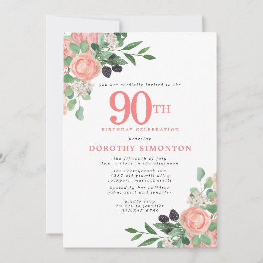 Roze en witte Floral 90e verjaardag Kaart (Voorkant)