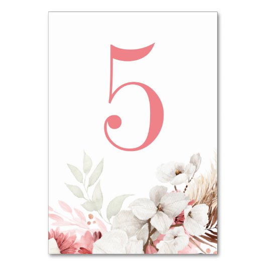 Roze en witte Floral Boho Elegant Table Number Kaart (Voorkant)