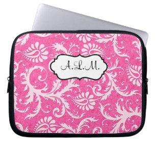 Roze en witte, Floral Damask laptophoes Laptop Sleeve