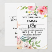 Roze en Witte Floral Greenery Wedding Invitation Kaart (Voorkant / Achterkant)