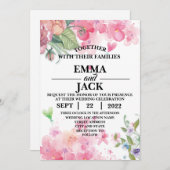 Roze en Witte Floral Greenery Wedding Invitation Kaart (Voorkant / Achterkant)