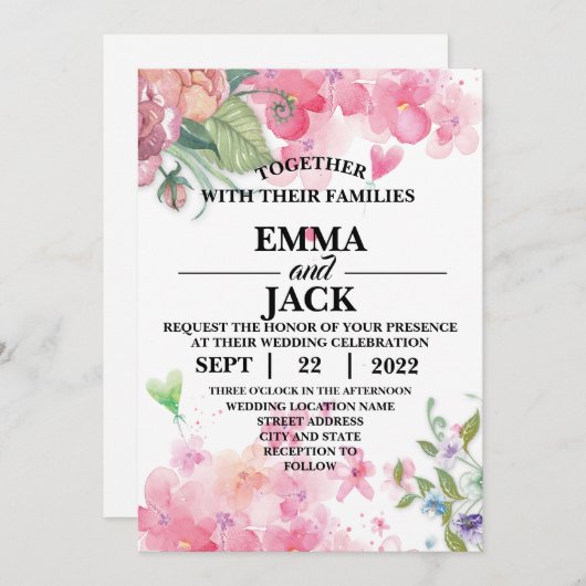 Roze en Witte Floral Greenery Wedding Invitation Kaart (Voorkant / Achterkant)