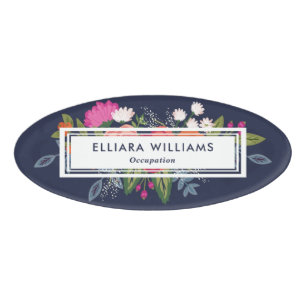 Roze en witte Florals Navy Blue Naambadge