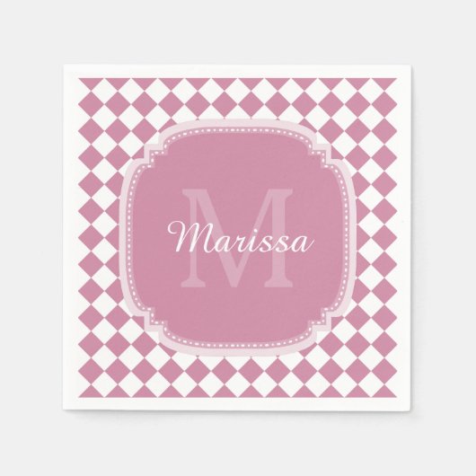 Roze en Witte Gecontroleerde Monogramnaam Servet (Voorkant)