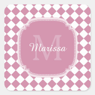 Roze en Witte Gecontroleerde Monogramnaam Vierkante Sticker