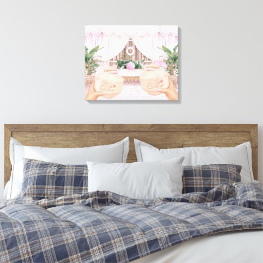 Roze en witte gestreept hotel pool Cabana | Kokosn Canvas Afdruk (Insitu (Slaapkamer))