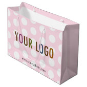 Roze en witte giftzak met polkadots en bedrijfslog groot cadeauzakje (Voorkant Gekanteld)