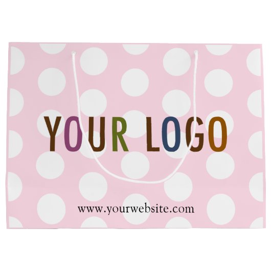 Roze en witte giftzak met polkadots en bedrijfslog groot cadeauzakje (Achterkant)