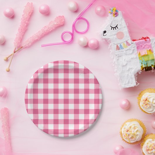 Roze en witte gingham Check Patroon Papieren Bordje (Feest)