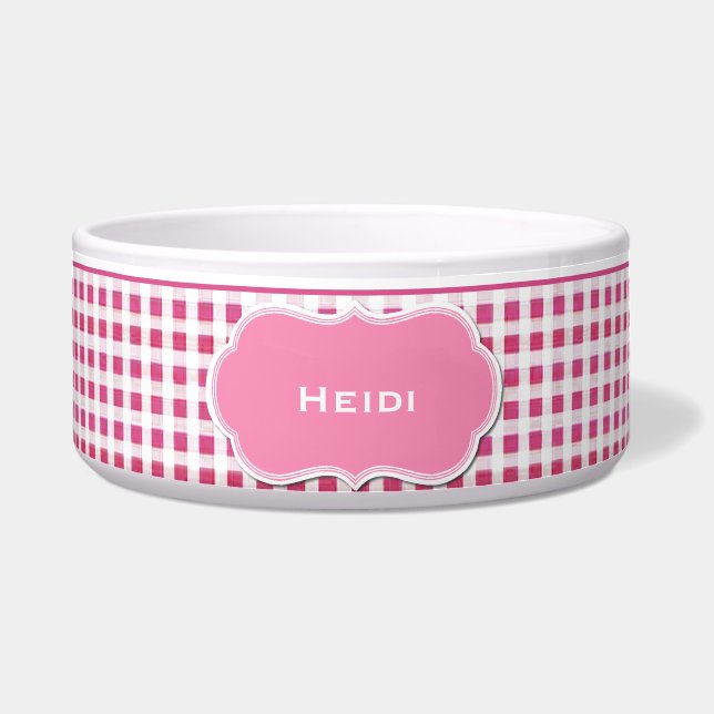 Roze en witte Gingham Custom Dog Bowl Voerbakje (Voorkant)