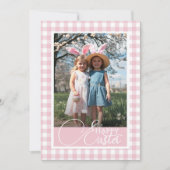 Roze en Witte Gingham Happy Easter Custom Foto Feestdagenkaart (Voorkant)