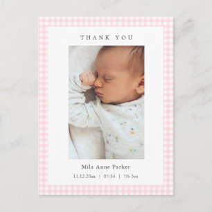 Roze en witte Gingham Meisje Geboorteaankondiging Briefkaart