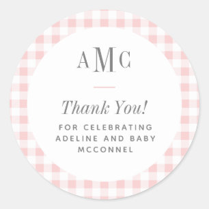 Roze en witte Gingham Monogram Bedankt Ronde Sticker