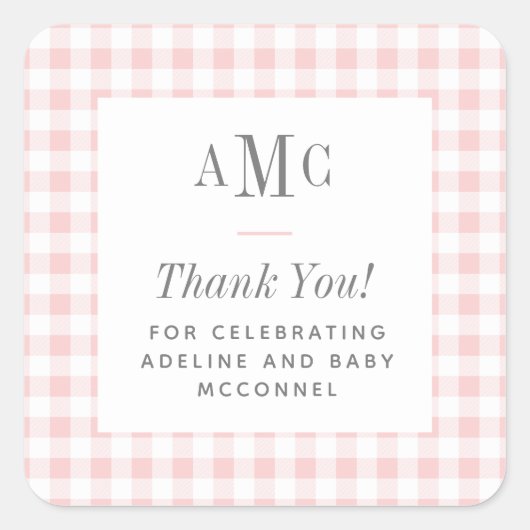 Roze en witte Gingham Monogram Dank u Vierkante Sticker (Voorkant)