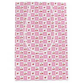 Roze en Witte Gingham Patroon Kersen Gift Bag Medium Cadeauzakje