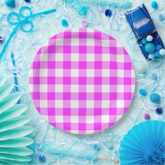 Roze en witte gingham Patroon Papieren Bordje (Feest)