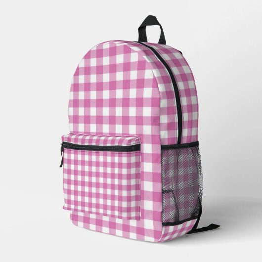 Roze en witte Gingham Print Bedrukte Rugzak (Achterkant Hoek Rechts)