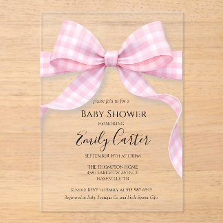 Roze en Witte Gingham Strik Babyshower Uitnodiging Acryl Uitnodigingen