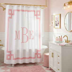 Roze en witte Griekse sleutel   Met monogram Douchegordijn