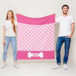 Roze en Witte Hond Poot en Bot Met Naam Fleece Deken