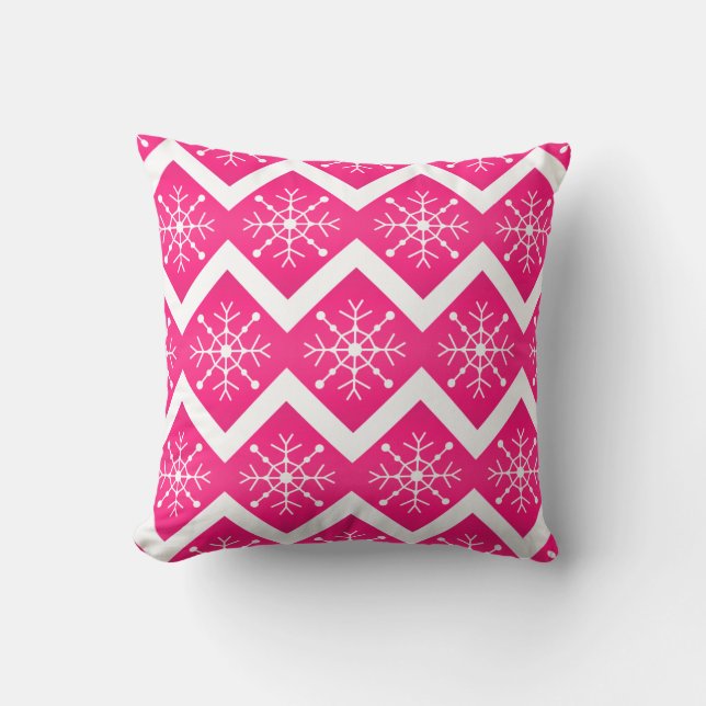 Roze en witte kerstsnowflakes Chevron Pattern Kussen (Voorkant)