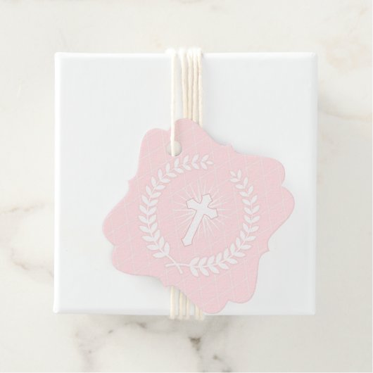 Roze en Witte Laurel Religieus met Kruis Bedankjes Labels (In situ)