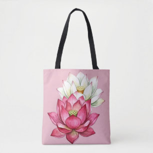 Roze en Witte Lotus Bloesem Waterverf Draagtas