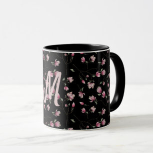 Roze en witte Magnolias op Zwart Gepersonaliseerd  Mok