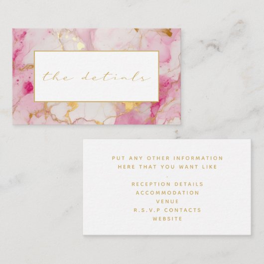 Roze en witte marmer, details bruiloft informatiekaartje (Voorkant / Achterkant)