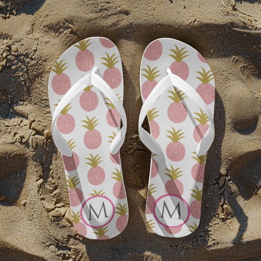 Roze en witte monogram Glitter Pineappel Teenslippers