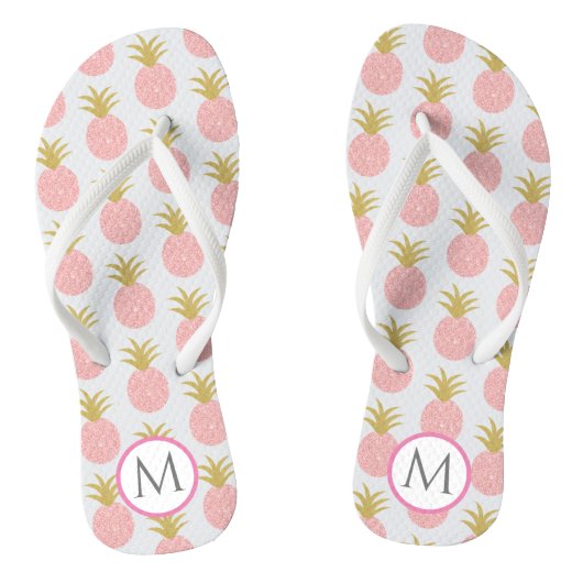 Roze en witte monogram Glitter Pineappel Teenslippers (Voetbed)