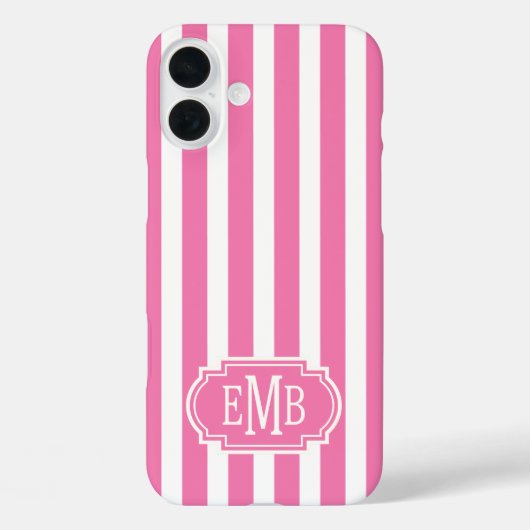 Roze en Witte Monogram Strepen Case-Mate iPhone Case (Achterkant)