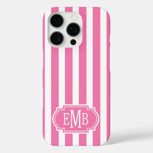 Roze en Witte Monogram Strepen Case-Mate iPhone Case (Achterkant)