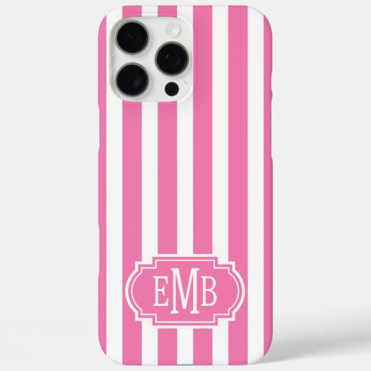 Roze en Witte Monogram Strepen Case-Mate iPhone Case (Achterkant)