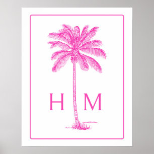 Roze en Witte Palm Palmetto Boom Monogram Poster