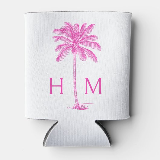Roze en Witte Palmboom Monogram Blikjeskoeler (Voorkant)