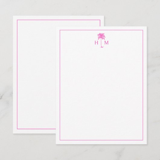 Roze en Witte Palmboom Monogram Notitiekaartje (Voorkant / Achterkant)