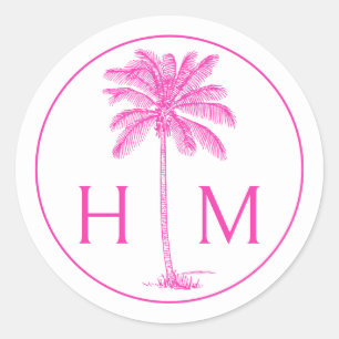Roze en Witte Palmboom Monogram Ronde Sticker