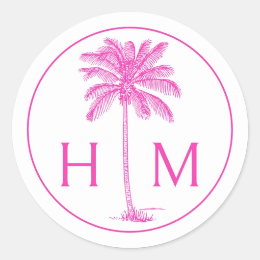 Roze en Witte Palmboom Monogram Ronde Sticker (Voorkant)