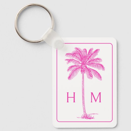 Roze en Witte Palmboom Monogram Sleutelhanger (Voorkant)
